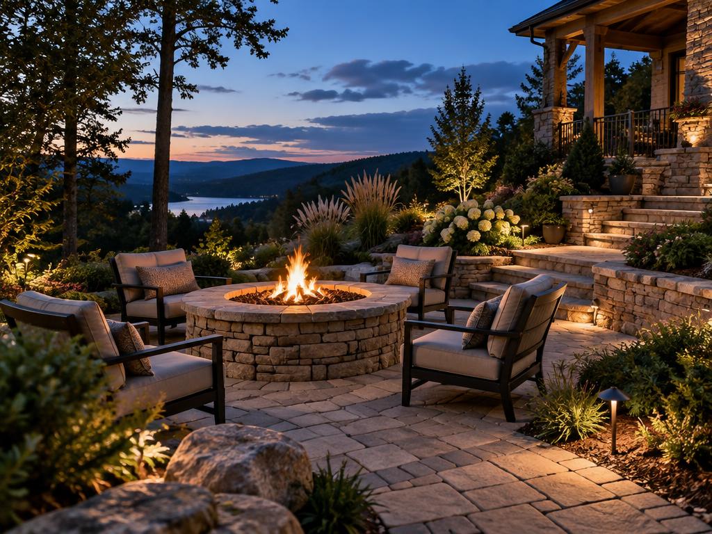Stone fire pit surrounded by an illuminated landscape